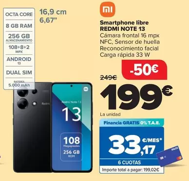 Oferta de Xiaomi - Smartphone Libre Redmi Note 13 por 199€ en Carrefour