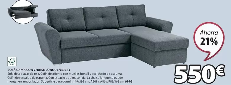 Oferta de Sofá Cama Con Chaise Longue Velby por 550€ en JYSK