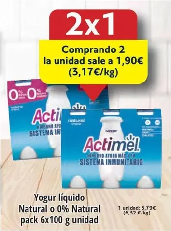 Oferta de Actimel - Yogur Líquido Natural O 0% Natural Pack 6x100 G Unidad por 3,79€ en Froiz