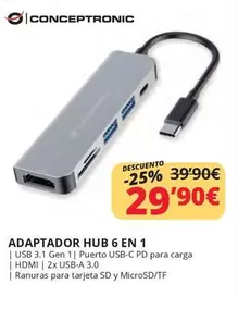 Oferta de Conceptronic - Adaptador Hub 6 En 1 por 29,9€ en Dynos Informática