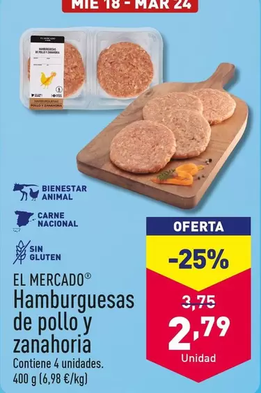 Oferta de El Mercado - Hamburguesas De Pollo Y Zanahoria por 2,79€ en ALDI