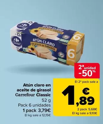 Oferta de Carrefour - Atun Claro En Aceite De Girasol Classic por 3,79€ en Carrefour