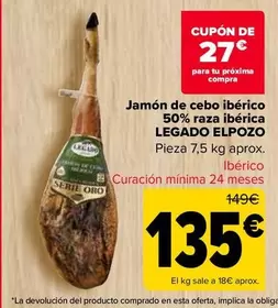 Oferta de Legado Elpozo - Jamon De Cebo Iberico 50% Raza Iberica  por 135€ en Carrefour