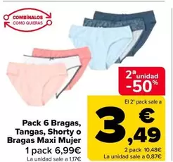 Oferta de Pack 6 Bragas Tangas Shorty O Bragas Maxi Mujer por 6,99€ en Carrefour