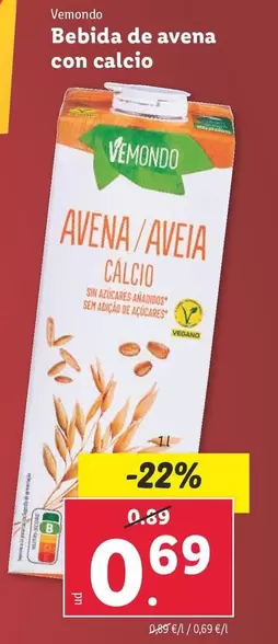 Oferta de Vemondo - Bebida De Avena Con Calcio por 0,69€ en Lidl