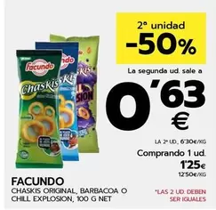 Oferta de Facundo - Chaskis Original, Barbacoa O Chill Explosion, 100 G Net por 1,25€ en BM Supermercados