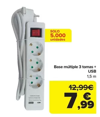 Oferta de Base Multiple 3 Tomas + Usb por 7,99€ en Carrefour