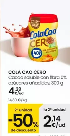 Oferta de Cola Cao - Cacao Soluble Con Fibra 0% Azucares Anadidos por 4,29€ en Eroski