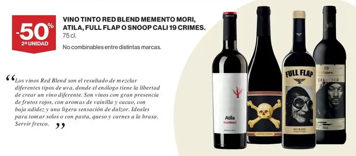 Oferta de Vino Tinto Red Blend Memeanto Mori, Atlla, Full Flap O Snoop Cali 19 Crimes en El Corte Inglés