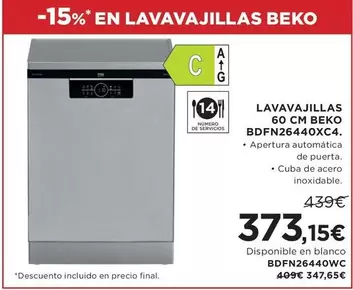 Oferta de Blanco - Beko - Lavavajillas 60 Cm BDFN26440XC4 por 373,15€ en Hipercor