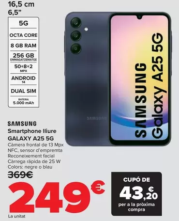 Oferta de Samsung - Smartphone Libre Galaxy A25 5G por 249€ en Carrefour