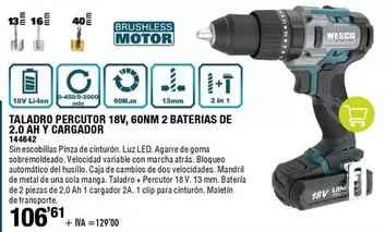 Oferta de Wesco - Taladro Percutor 18v, 60nm 2 Baterias De 2.0ah Y Cargador por 129€ en ferrOkey