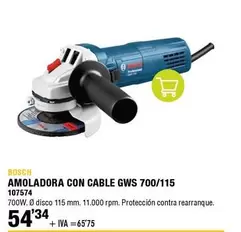 Oferta de Bosch - Amoladora Con Cable GWS 700/115 107574 por 65,75€ en ferrOkey