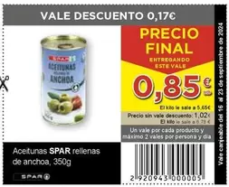 Oferta de Spar - Aceitunas Rellenas De Anchoa por 0,85€ en SPAR