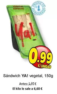 Oferta de Sandwich Ya! Vegetal por 0,99€ en SPAR