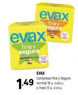 Oferta de Evax - Compresa Fina Y Segura Normal O Maxi por 1,49€ en Coviran