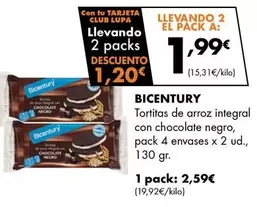 Oferta de Bicentury - Tortitas De Arroz Integral Con Chocolate Negro por 2,59€ en Supermercados Lupa