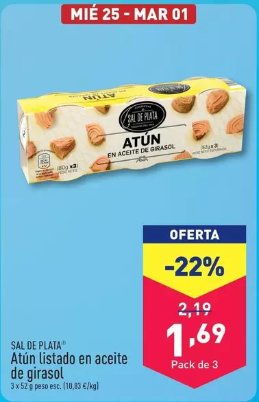 Oferta de Sal De Plata - Atún Listado En Aceite De Girasol por 1,69€ en ALDI