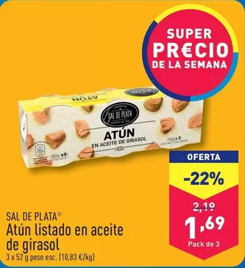 Oferta de Sal De Plata - Atún Listado En Aceite De Girasol por 1,69€ en ALDI