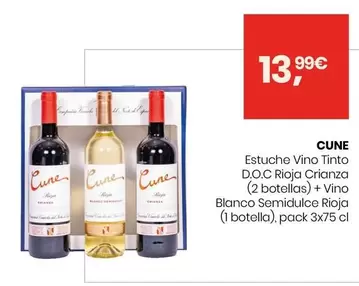 Oferta de Cune - Estuche Vino Tinto D.O.C. Rioja Crianza + Blanco Pack 3x0,75 L por 13,99€ en Eroski