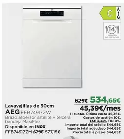 Oferta de AEG - Lavavajillas De 60cm por 534,65€ en El Corte Inglés