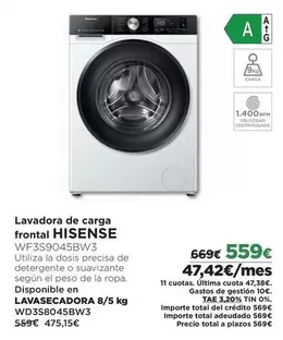 Oferta de Hisense - Lavadora De Carga Frontal por 559€ en El Corte Inglés