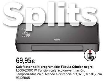 Oferta de Facula - Calefactor Split Programable Fécula Condor Negro por 69,95€ en Cadena88