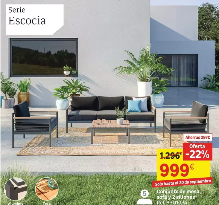 Oferta de Sello Hasta 30 De Soptember Conjunto De Mesa Sofa Y 2 Tailo por 999€ en Leroy Merlin