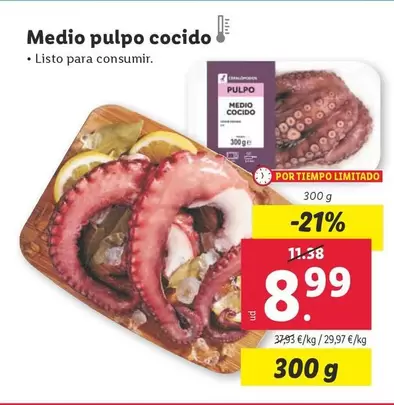 Oferta de Medio Pulpo Cocido por 8,99€ en Lidl