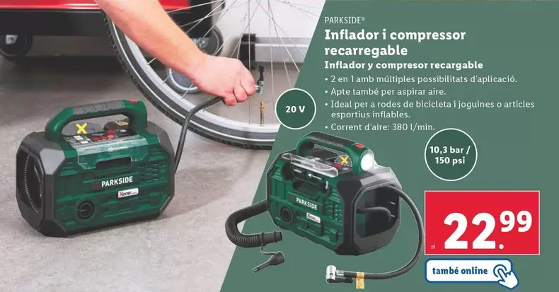 Oferta de Parkside - Inflador Y Compresor Recargable por 22,99€ en Lidl