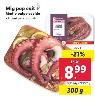 Oferta de Medio Pulpo Cocido por 8,99€ en Lidl