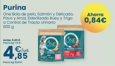 Oferta de Purina One - One Bola de pelo, salmon y delicado, pavo y arroz, esterilizado buey y trigo o control de tracto por 4,85€ en Clarel