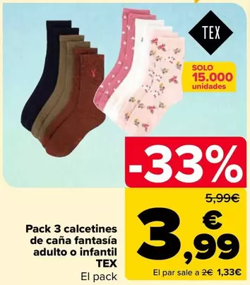 Oferta de TEX - Pack 3 Calcetines De Cana Fantasía Adulto O Infantil en Carrefour