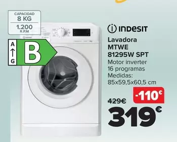 Oferta de Indesit - Lavadora Mtwe 81295w SPT por 319€ en Carrefour