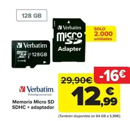 Oferta de Verbatim - Memoria Micro Sd Sdhc + Adaptador por 12,99€ en Carrefour