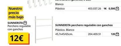 Oferta de Blanco - Sunnesta - Perchero Regulable Con Ganchos por 12€ en IKEA