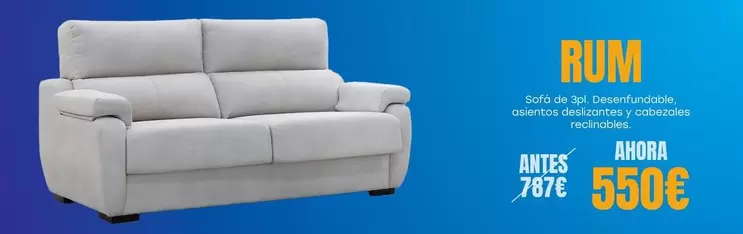 Oferta de Rum - Sofá De 3pl. Desenfundable, Asientos Deslizantes Y Cabezales Reclinables. por 550€ en OKSofas