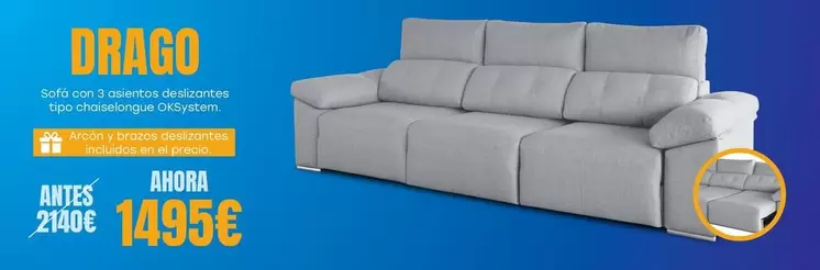 Oferta de Drago - Sofá Con 3 Asientos Deslizantes Tipo Chaiselongue OKSystem. por 1495€ en OKSofas