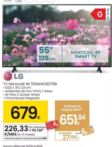 Oferta de LG - TV Nanocell 4K 55NANO82T6B por 679€ en Eroski