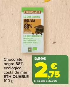 Oferta de Ethiquable - Chocolate Negro 88% Ecologico Costa De Marfil por 2,75€ en Carrefour