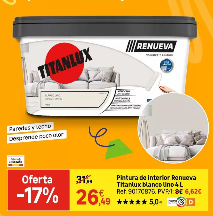 Oferta de España - Renueva - Pintura De Interior Titanaux Blanco Lino por 26,49€ en Leroy Merlin