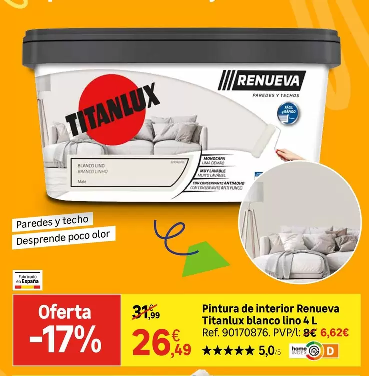 Oferta de España - Renueva - Pintura De Interior Titanaux Blanco Lino por 26,49€ en Leroy Merlin