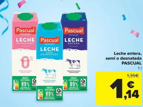 Oferta de Pascual - Leche Entera, Semi O Desnatada por 1,14€ en Carrefour Market