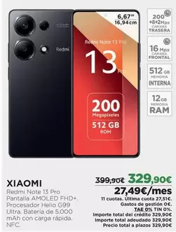 Oferta de Xiaomi - Redmi Note 13 Pro por 329,9€ en El Corte Inglés