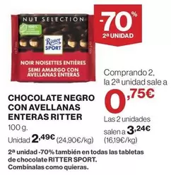 Oferta de Ritter - Ritter Sport - Chocolate Negro Con Avellanas Enteras por 2,49€ en El Corte Inglés