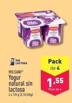 Oferta de Milsani - Yogur Natural Sin Lactosa por 1,55€ en ALDI