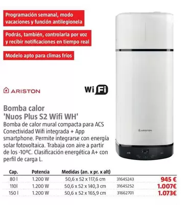 Oferta de Ariston - Bomba Calor 'Nuos Plus S2 Wifi WH' por 945€ en BAUHAUS