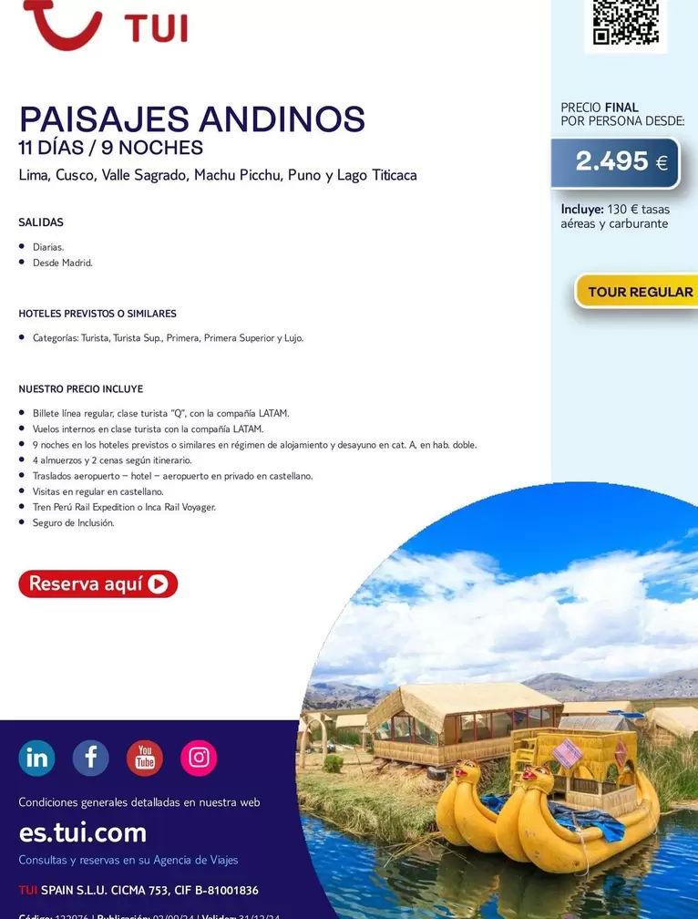 Oferta de Viajes A Perú por 2495€ en Tui Travel PLC