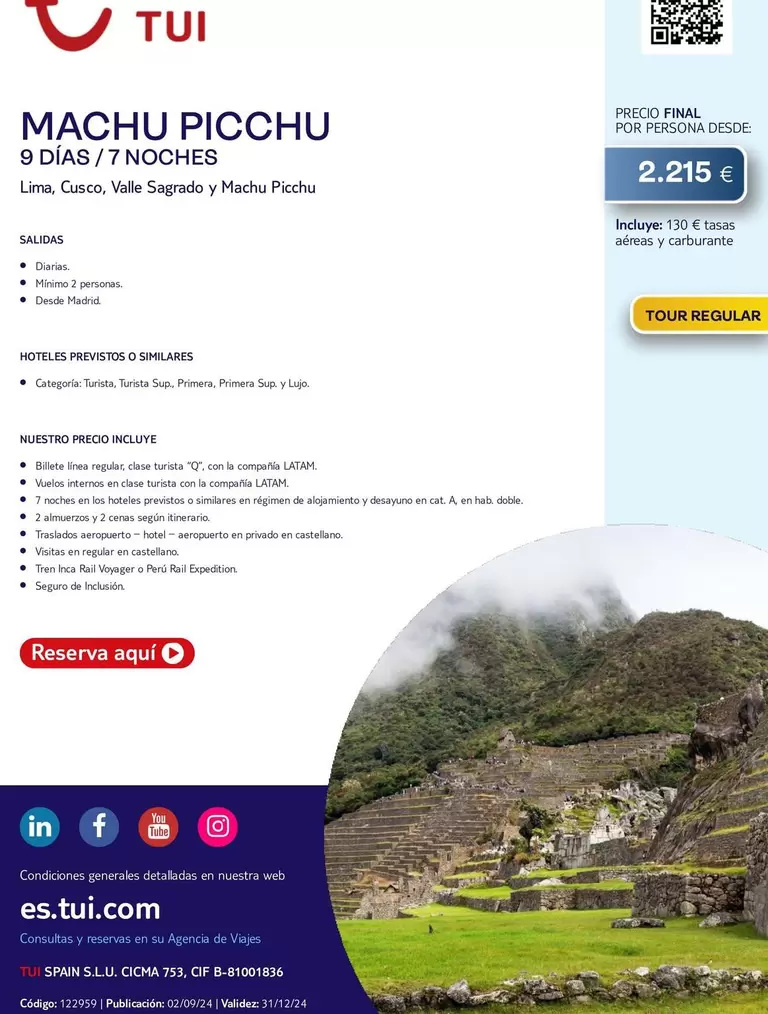 Oferta de Viajes A Peru  por 2215€ en Tui Travel PLC