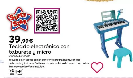 Oferta de Music Star - Teclado Electrónico Con Taburete Y Micro  por 39,99€ en ToysRus